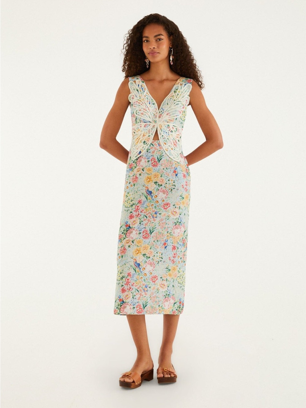NWT Farm Rio Rendeira 3D butterfly floral midi linen dress